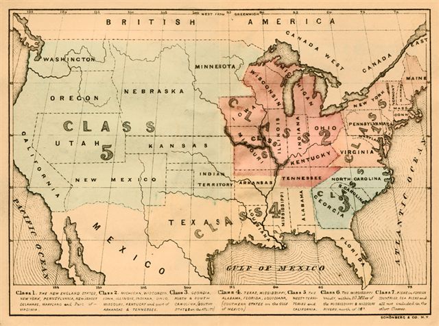 a map of the United States in 1860 that divides the country into 7 geographical classes, each shaded a different color
