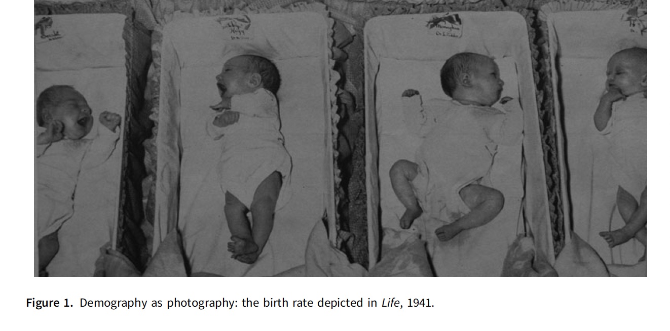 photo of four white, newborn, babies wearing white onesies in a hospital, with caption reading "Figure 1. Demography as photography: the birth rate depicted in *Life*, 1941." 