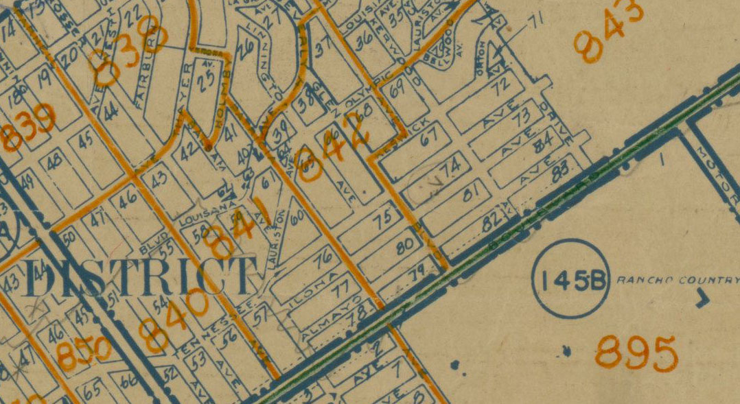 a map excerpt showing a neighborhood in West Los Angeles, with the boundary for ED 842 traced out in orange