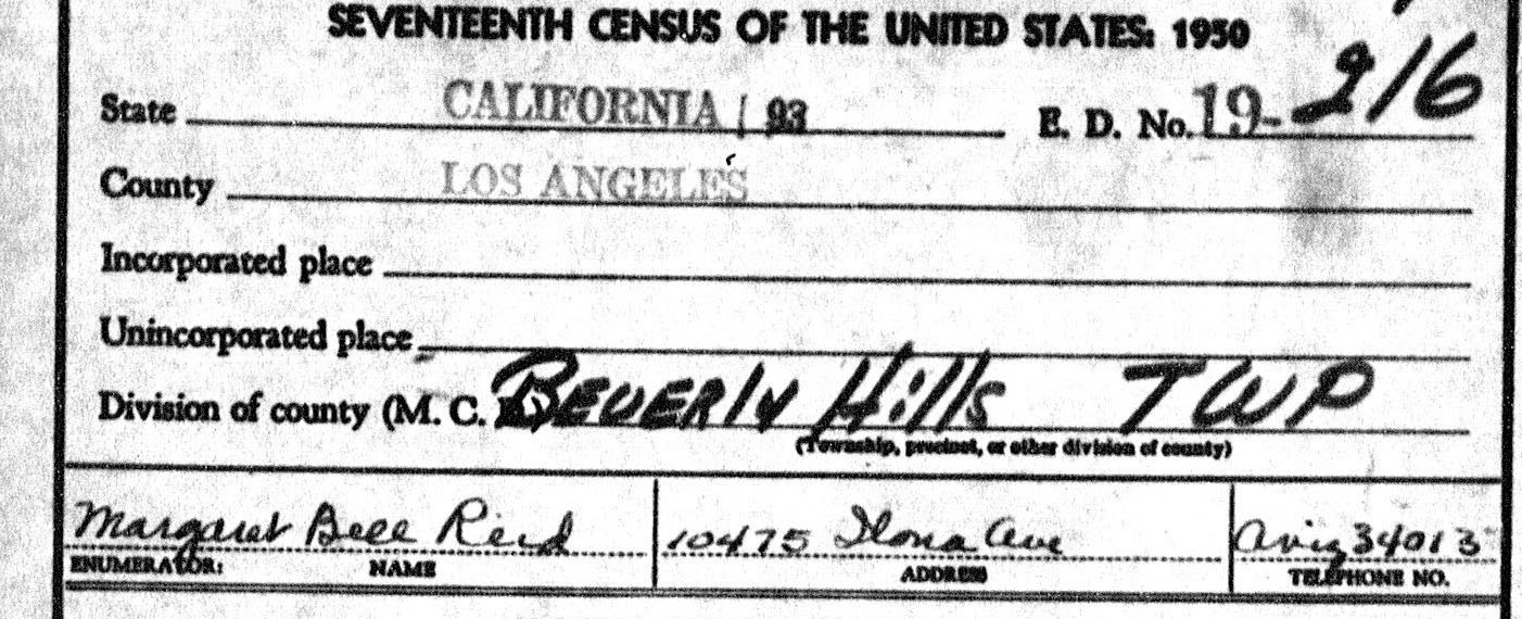 A form that shows the name of a 1950 census' Beverly Hills enumerator Margaret Bell Reid and gives her address and phone number