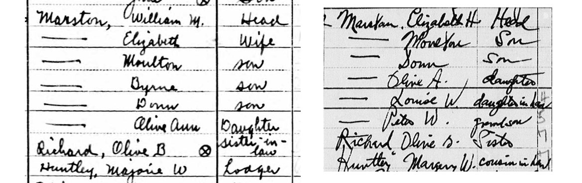 two sets of census excerpts showing the Marston Household in 1940 and 1950