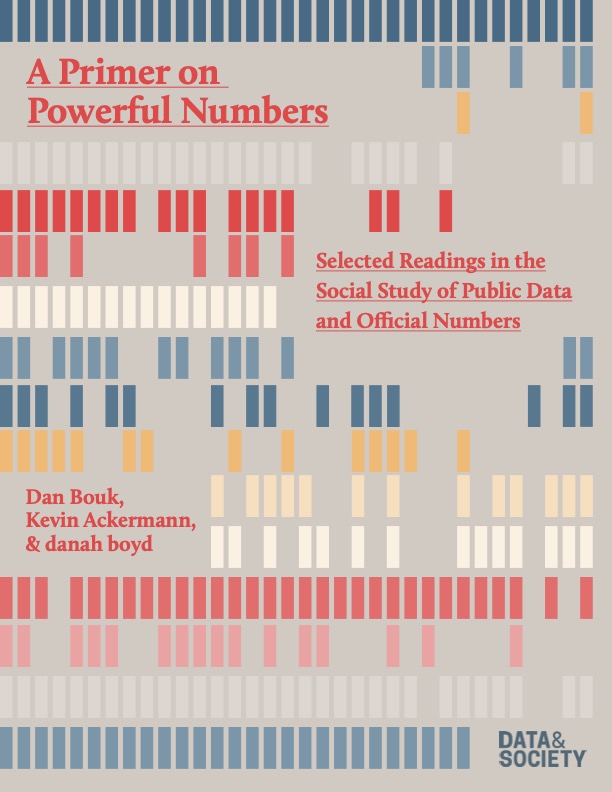 Cover of A Primer on Powerful Numbers: Selected Readings in the Social Study of Public Data and Official Numbers, decorated by computer punch card-like blocks in dark and light blue, grey, beige, yellow, and two hues of red