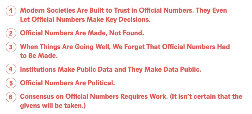 The six arguments of our primer: 1. Modern Societies Are Built to Trust in Official Numbers. 2. Official Numbers Are Made, Not Found. 3. When Things Are Going Well, We Forget That Official Numbers Had to Be Made. 4. Institutions Make Public Data and They Make Data Public. 5. Official Numbers Are Political. 6. Consensus on Official Numbers Requires Work. (It isn't certain that the givens will be taken.)