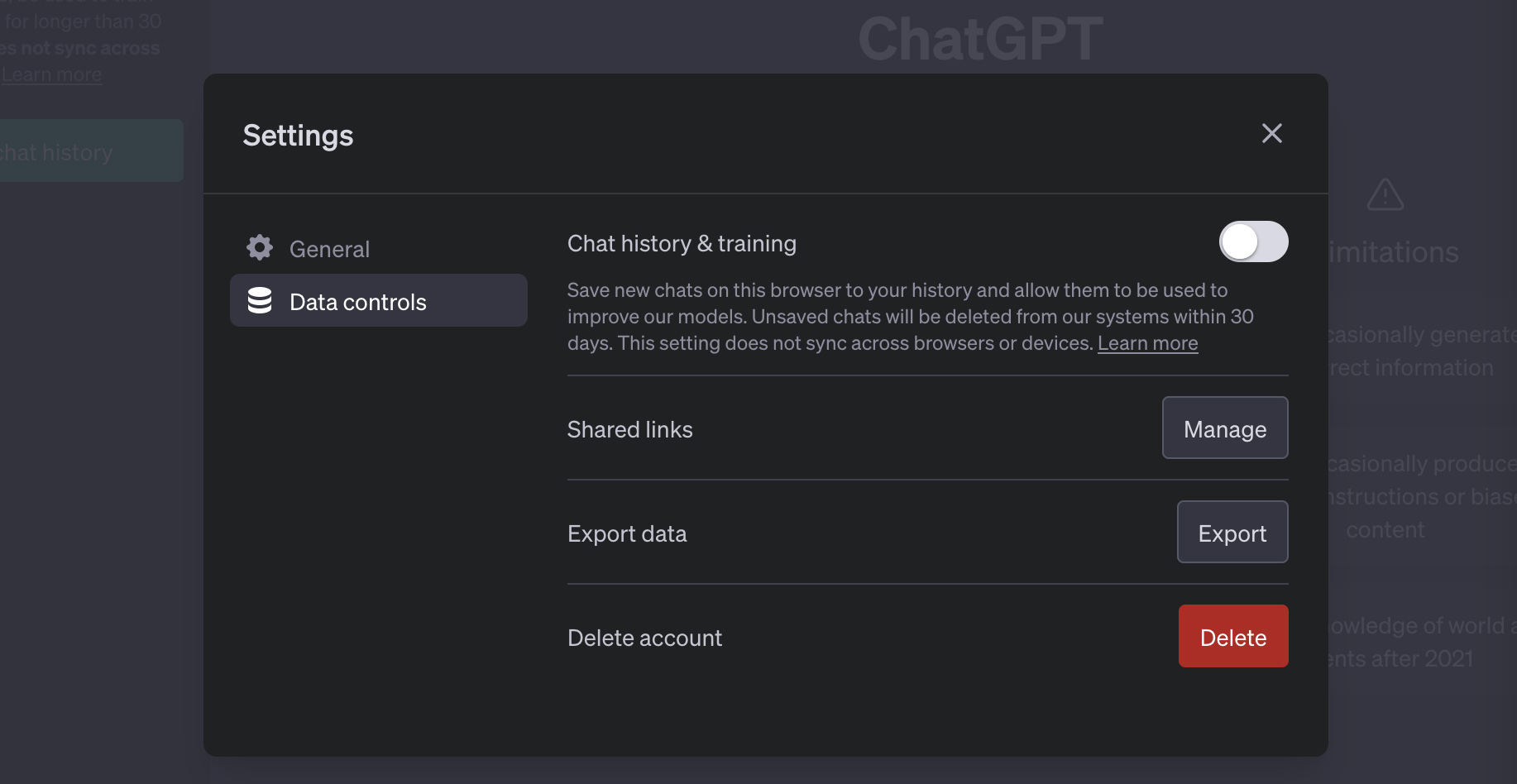 a screenshot of a settings dialog for "data controls"